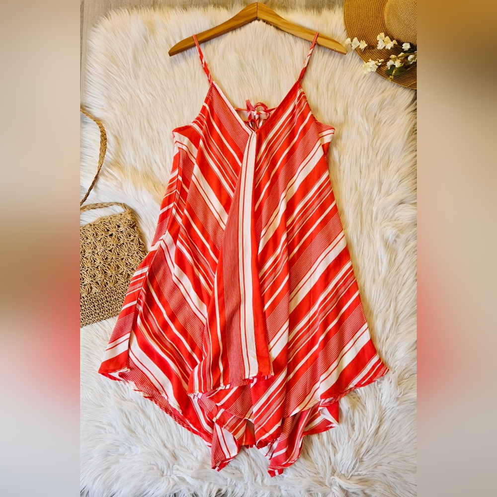 Red & White Striped Sleeveless Handkerchief Hem Dress